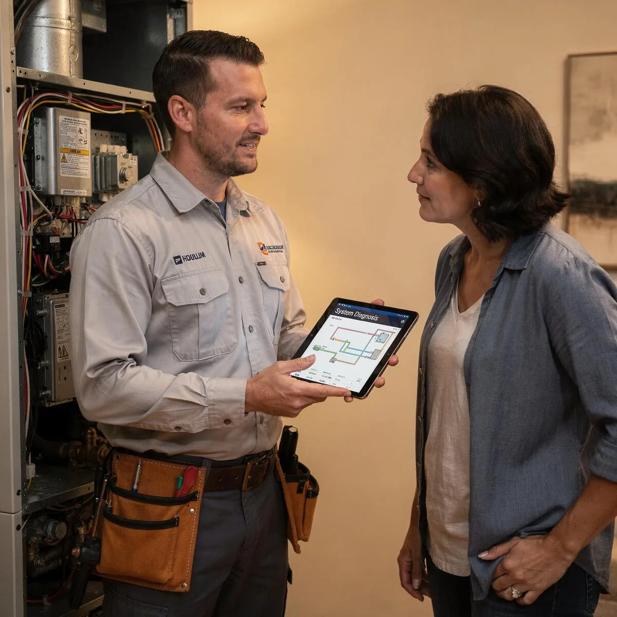 Technician diagnosing HVAC system