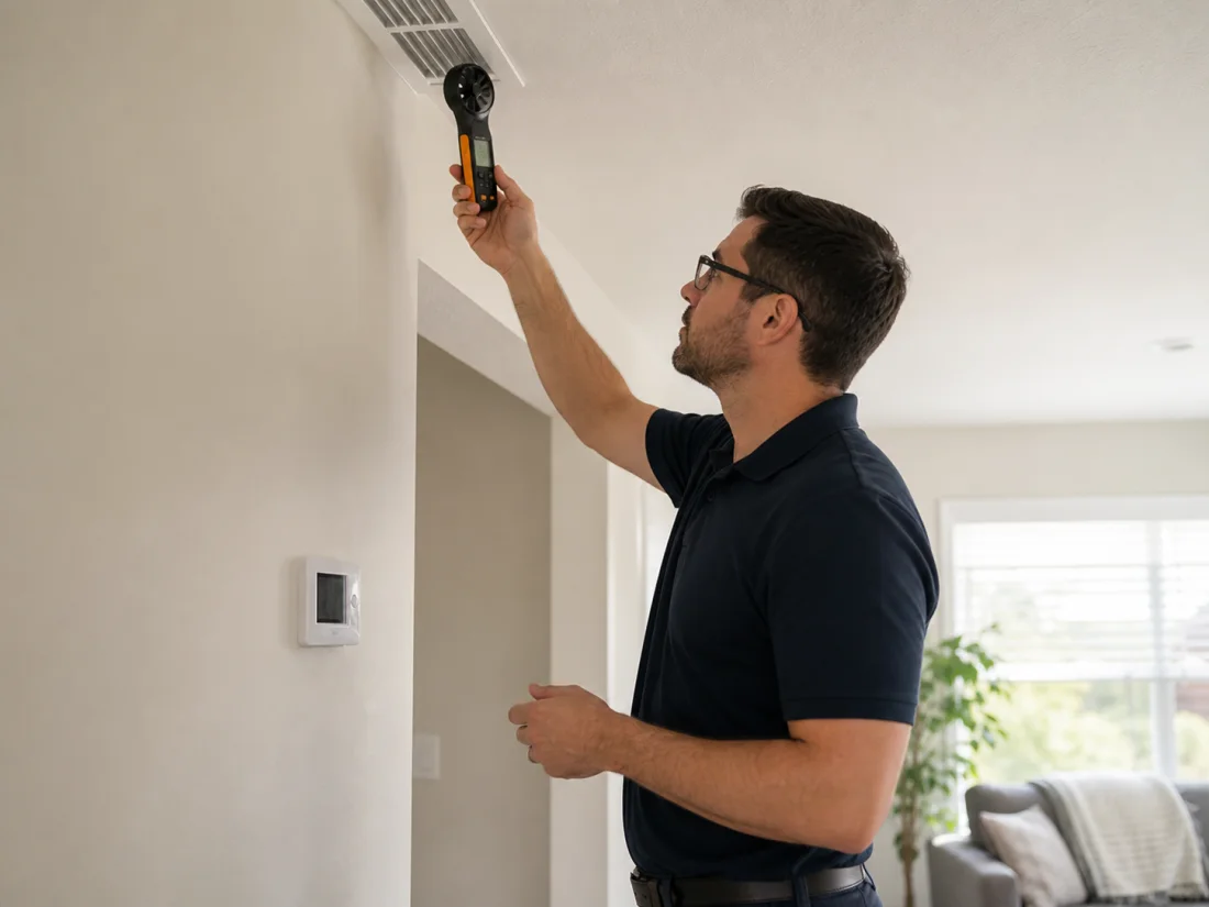 HVAC technician checking airflow from a residential supply vent