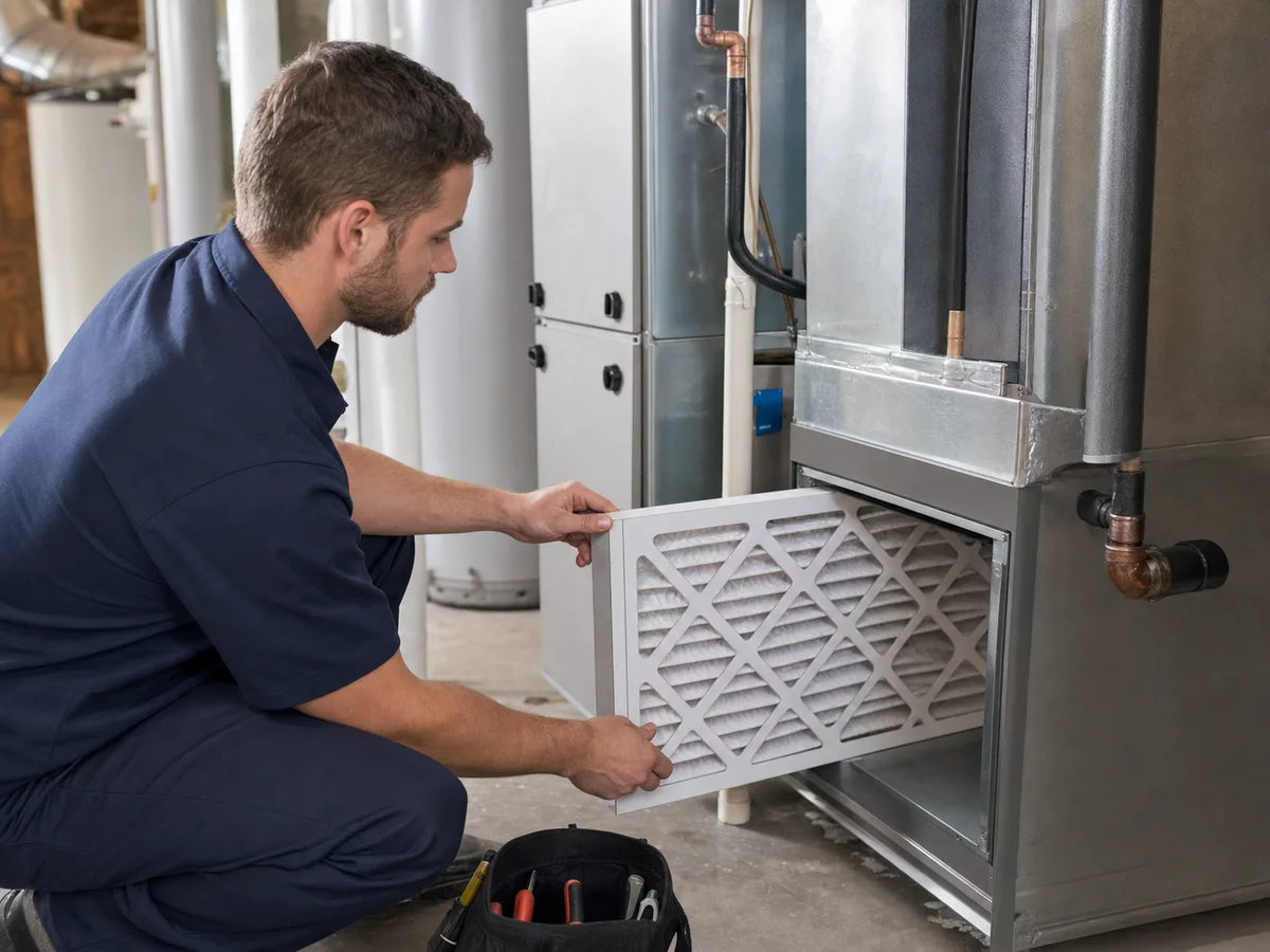 HVAC technician servicing a residential indoor heating and cooling system