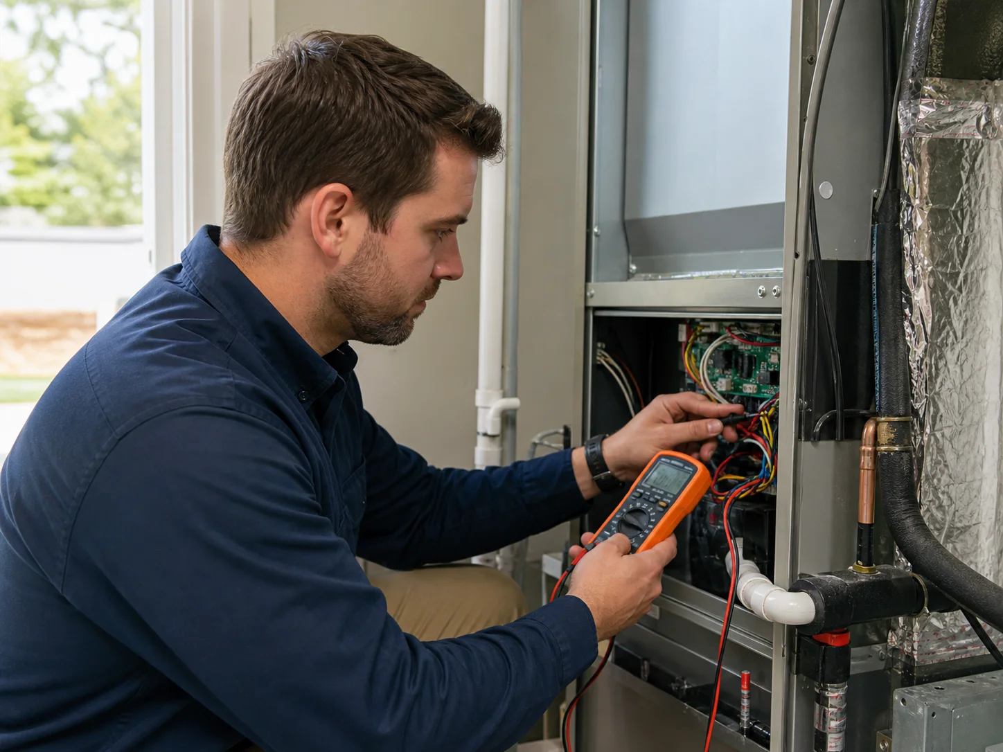 HVAC technician diagnosing a residential heating and cooling system